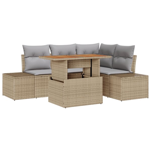 vidaXL Ensemble de jardin 5 pièces avec coussins - Poly Rattan beige et acacia