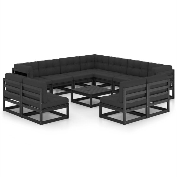 vidaXL Salon de jardin 12 Pièces avec coussins Noir Bois de pin massif