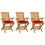 vidaXL Chaises de jardin avec coussins rouge lot de 3 Bois teck massif