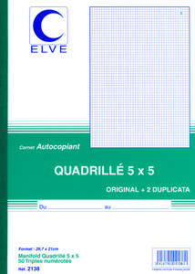 Manifold Autocopiant Quadrillé 5 x 5 297 x210 mm 50 Feuillets Tripli ELVE