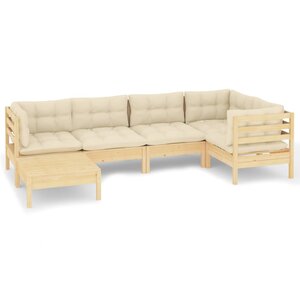 Salon de jardin meuble d'extérieur ensemble de mobilier 6 pièces avec coussins crème bois de pin massif 02_0016755