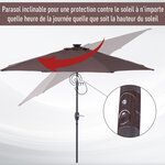 Parasol lumineux octogonal inclinable Ø 2 75 x 2 33 m parasol LED solaire métal polyester haute densité 180 g/m² chocolat