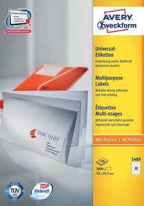 Boite de 3000 etiquettes universelles 70 x 29,7 mm sur 100f a4 blanc avery zweckform