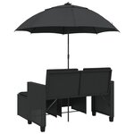 vidaXL Canapé de jardin 2 places avec parasol et tabourets noir rotin