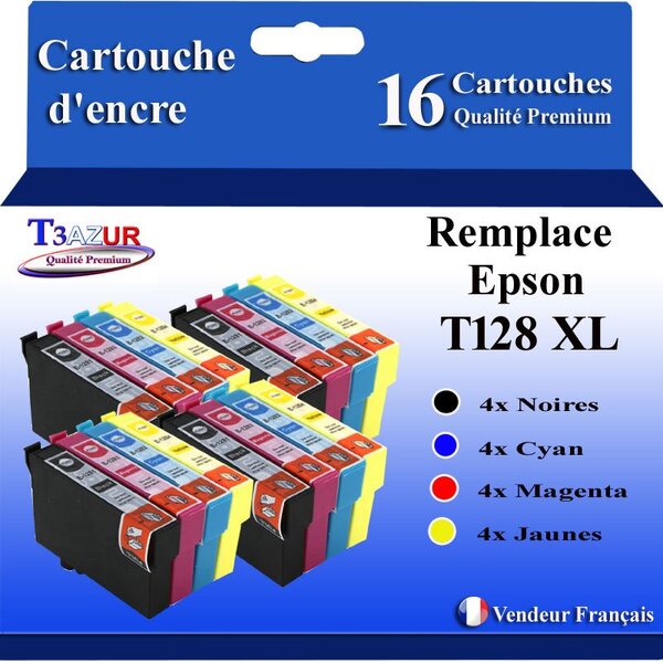 T3AZUR- 16x Cartouches Compatibles avec Epson T1281 T1282 T1282 T1284 remplace Epson Stylus Office SX420W SX425W SX430W SX435W SX438W SX440W SX445W