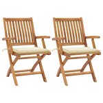 vidaXL Chaises de jardin lot de 2 et coussins crème Bois teck massif