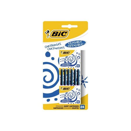 BIC Cartouches d'Encre Courtes Standard pour Stylos-Plume - Bleu Effaçable, Blister de 24