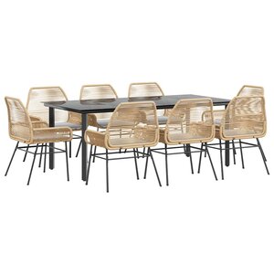 vidaXL Ensemble à manger jardin coussins 9Pièces marron poly rotin verre