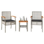 vidaXL Ensemble de bistro 3 Pièces et coussins gris résine tressée acacia