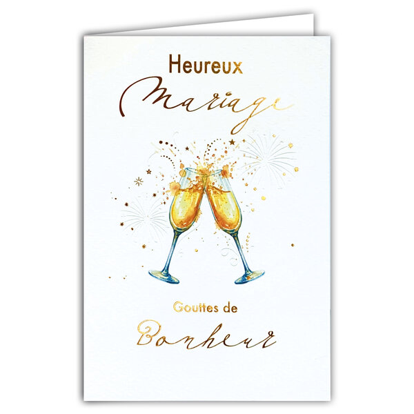 69-3139 Carte Félicitations Mariage Bonheur 2 Flutes de Champagne Pétillant Peinture Aquarelle Romantique -Finitions Dorure Or Doré + Gaufrage en Relief +1 Enveloppe Format 12x17cm -Fabriqué en Europe