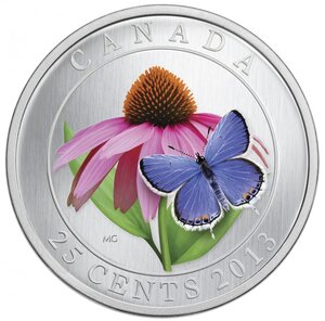 Pièce de monnaie 25 Cents Canada échinacée pourpre et bleu porte-queue de l’Est 2013 BU