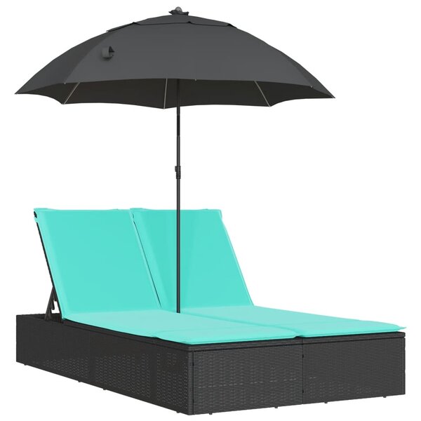 vidaXL Chaise longue double et coussins et parasol noir résine tressée