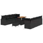 Ensemble de sofa de jardin 11 pièces avec coussins noir poly rotin acacia
