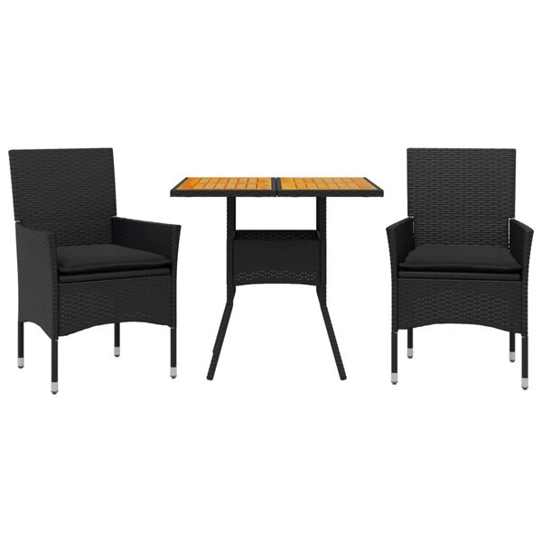 vidaXL Ensemble à manger de jardin et coussins 3 Pièces noir rotin acacia