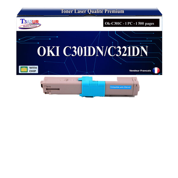 T3AZUR - Toner compatible avec Oki C301DN  C321DN  MC332DN  MC342DN  MC342DNW Cyan