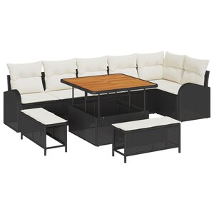 Ensemble de Sofa de Jardin de 9 Pièces avec Coussins Noir Rattan Poly Acacia