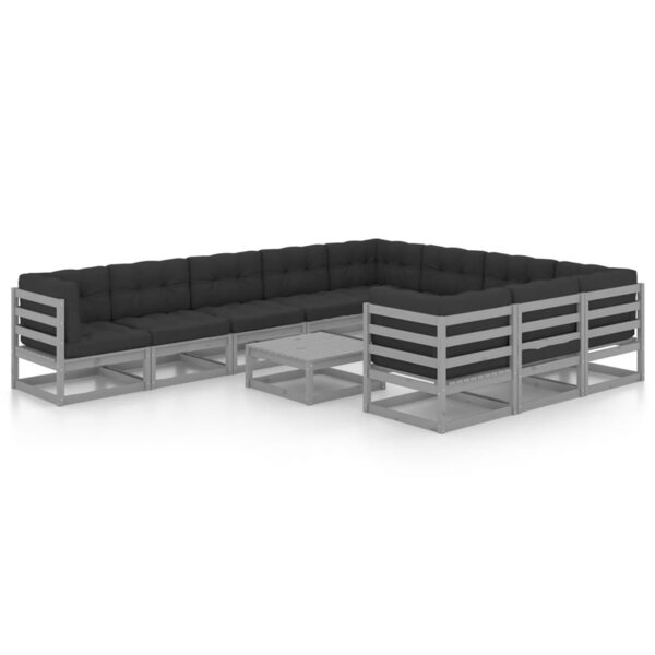 vidaXL Salon de jardin 11 Pièces avec coussins Gris Bois de pin massif