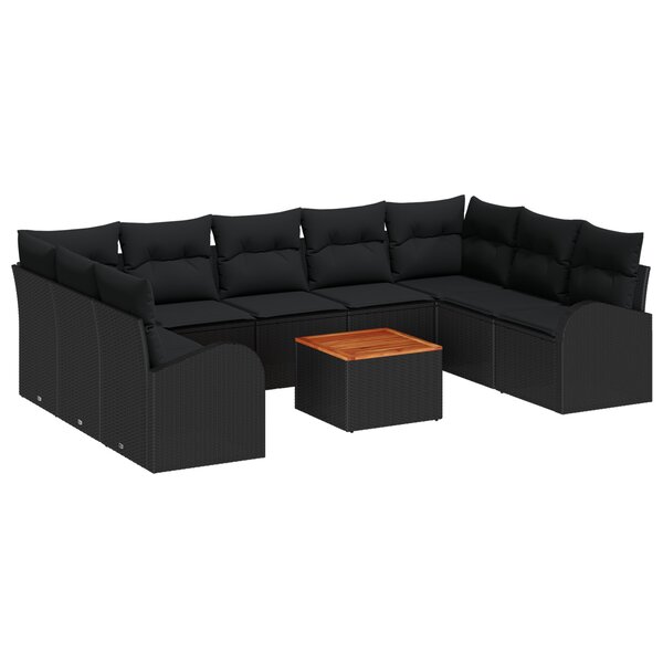 vidaXL Ensemble de jardin 10 pièces avec coussins en rattan noir et acacia