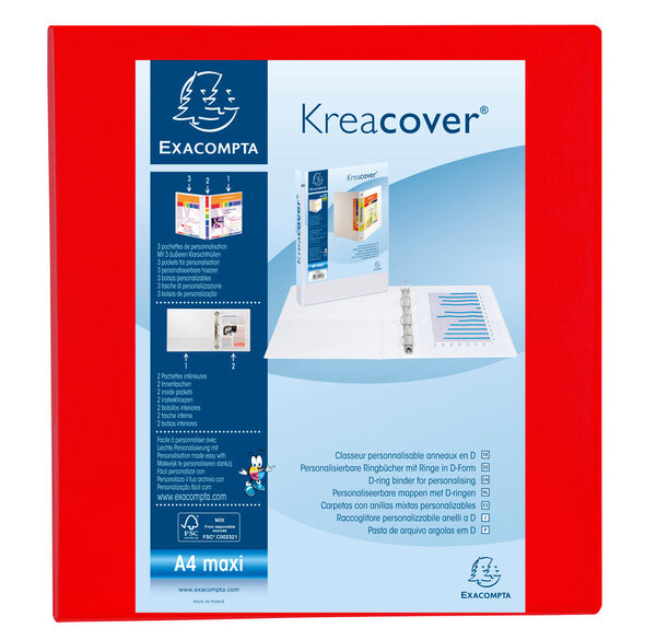 Classeur personnalisable Kreacover A4 Maxi 4 Ax Diam 60mm Dos 86 mm Rouge EXACOMPTA