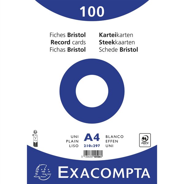 Paquet 100 fiches sous film - bristol uni non perforé - 210x297mm - Blanc x 10 EXACOMPTA