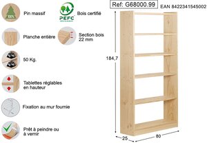 Bibliothèque gala en pin 6 tablettes