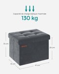 Banc de rangement boîte pliable en velours repose-pieds avec couvercle 31 x 41 x 31 cm capacité de charge 130 kg pour couloir salon gris 12_0004136