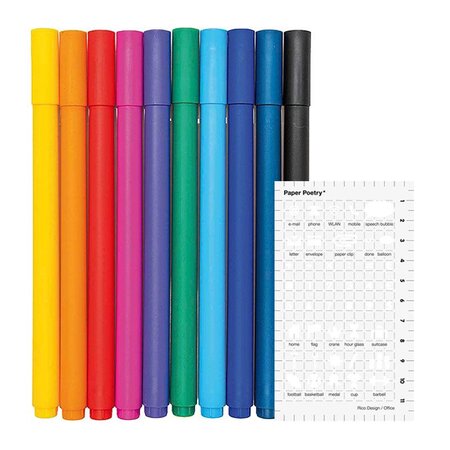 10 stylos gel fin 0 4 mm + Pochoir icônes bureau