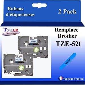 2x Rubans d'étiqueteuses compatibles avec Brother Tze521  Tze-521 pour étiqueteuses P-touch - Texte noir sur fond bleu - T3AZUR