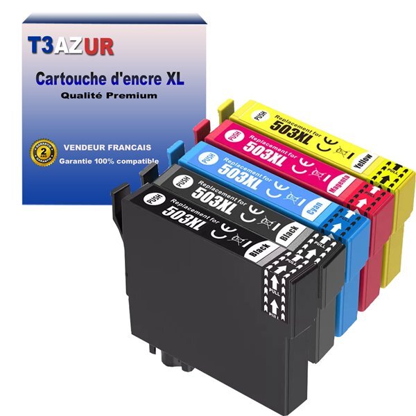 T3azur- 5x cartouches compatibles avec epson 503 xl pour epson expression home xp-5200  xp-5205  workforce wf-2960dwf wf-2965dwf