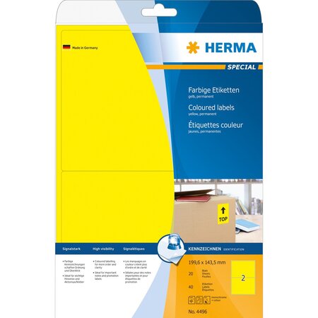 Paquet de 40 étiquettes universelles special 199,6 x 143,5 mm jaune herma