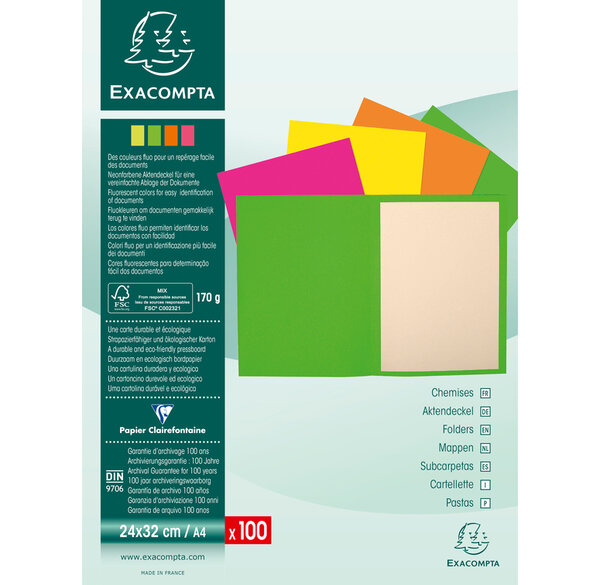 Paquet 100 chemises FLUO 170 - 24x32cm EXACOMPTA
