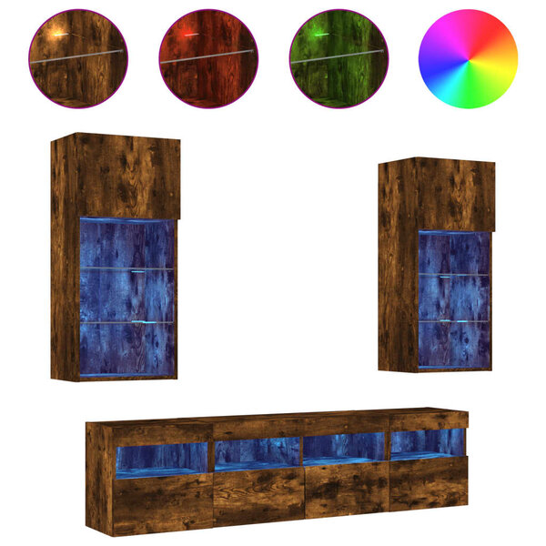 vidaXL Unités murales TV avec LED 5 Pièces chêne fumé bois d'ingénierie