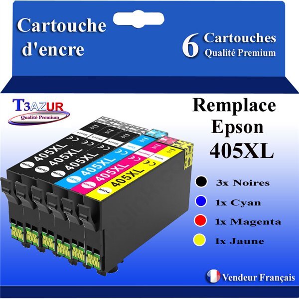 T3AZUR - 6 Cartouches compatibles avec Epson 405  405 XL pour Epson Workforce Pro WF-3820 WF-3825 WF-4820 WF-4825 WF-7310 WF-7830 WF-7835 WF-7840
