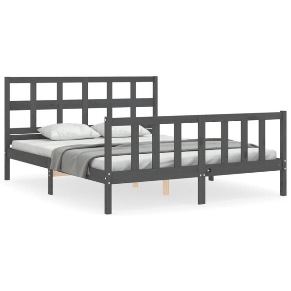 vidaXL Cadre de lit avec tête de lit gris King Size bois massif