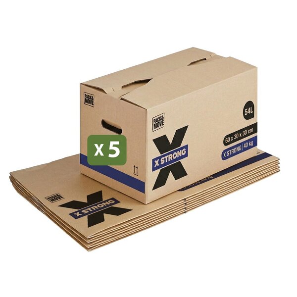 Pack and Move - Lot de 5 Cartons Déménagement X Strong - 60 x 30 x 30 cm - Charge 40 kg - Extrême Résistance - Grande Capacité