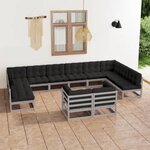 vidaXL Salon de jardin 12 Pièces avec coussins Gris Bois de pin massif