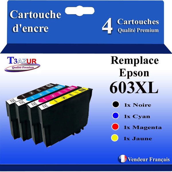 T3AZUR - 4 Cartouches Compatibles avec Epson 603 603XL Noire pour Epson WorkForce WF-2820DWF  WF-2830DWF  WF-2840DWF  WF-2850DWF  WF-2870DWF  WF2835-DWF