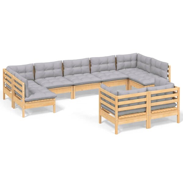 vidaXL Salon de jardin 9 Pièces avec coussins gris bois de pin massif