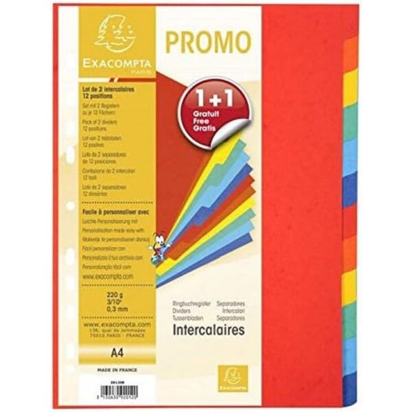 EXACOMPTA Intercalaires en carton  A4  12 touches  Lot de 2