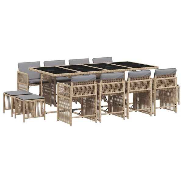 vidaXL Ensemble à manger de jardin coussins 13 Pièces mélange beige rotin