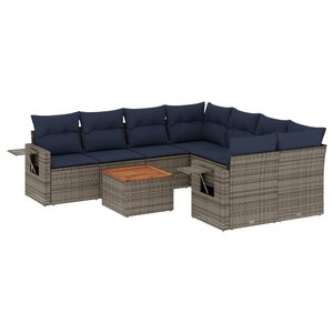 vidaXL Salon de jardin 9 Pièces avec coussins gris résine tressée