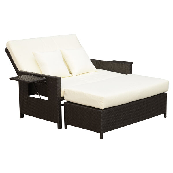 Ensemble de jardin 2 places : canapé dossier inclinable tablettes coffre matelas et coussins intégrées + repose-pieds résine tressée chocolat polyester crème