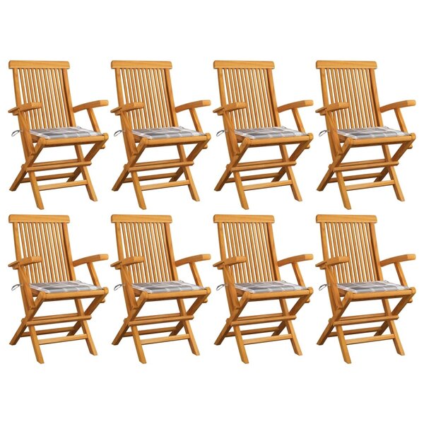 vidaXL Chaises de jardin et coussins à carreaux gris 8 Pièces Teck massif