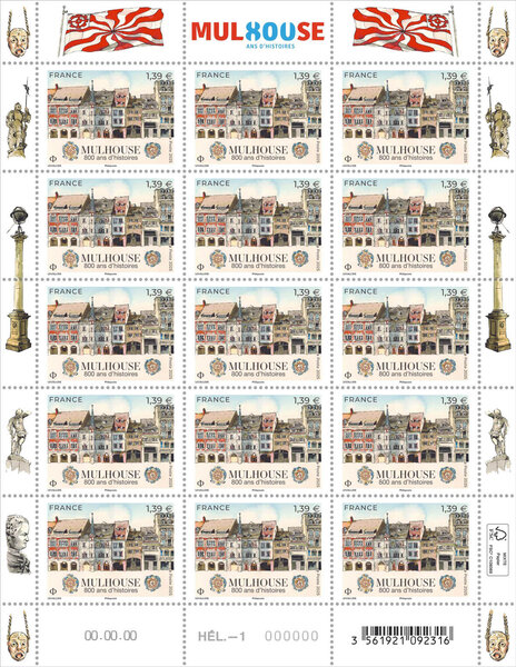 Feuille de 15 timbres - Mulhouse - 800 ans d'histoires - Lettre Verte