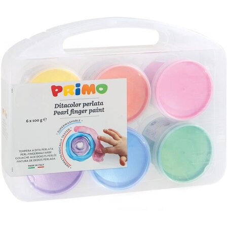 PRIMO 229TPD100SP Gouache a doigts perlée en pot de 100 gr., mallette multifonction, 6 couleurs.
