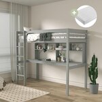 Lit mezzanine Sil bureau+biblio gris + matelas
