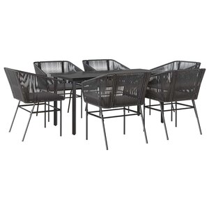 vidaXL Ensemble à manger de jardin coussins 7Pièces noir poly rotin verre