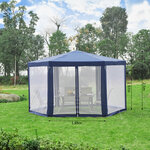Tonnelle barnum tente de réception hexagonale 10 m² style cosy métal polyester imperméabilisé bleu blanc