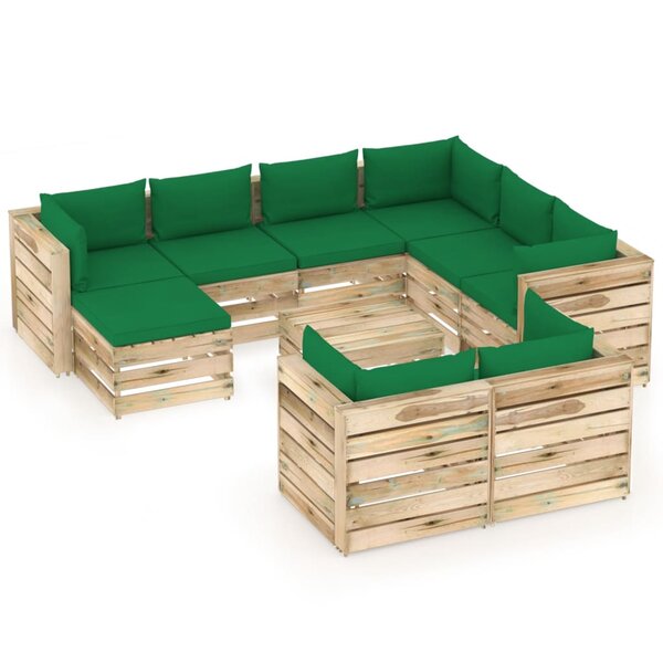 vidaXL Salon de jardin 10 Pièces avec coussins Bois imprégné de vert