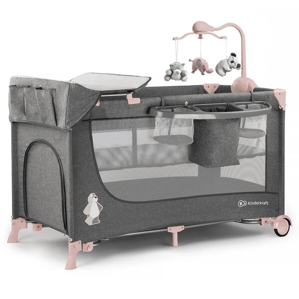 Kinderkraft lit d'enfant de voyage joy avec accessoires rose et gris